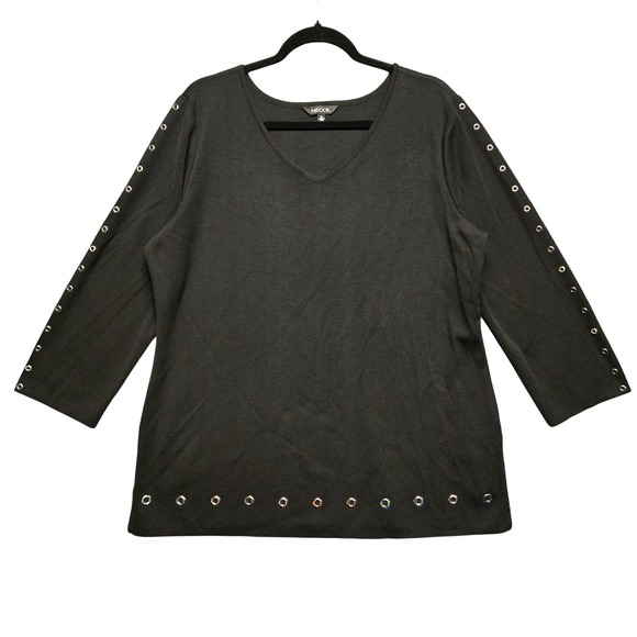 Misook Grommet Trim Knit Tunic Women XL Black V-Neck 3/4 Sleeve Top